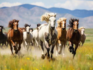 Naklejka na ściany i meble A majestic herd of wild horses embracing freedom as they gallop together in an open field.