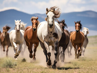 Naklejka na ściany i meble Frenzied herd of untamed horses running freely across an expansive and vibrant landscape.