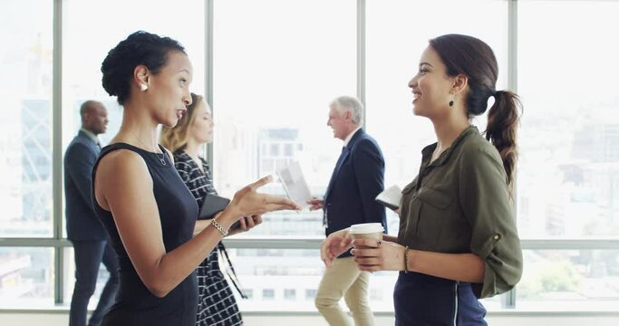 Business women, handshake and hello for partnership, b2b introduction and talking of onboarding opportunity in lobby. Happy people or clients shaking hands, greeting and at startup or meeting
