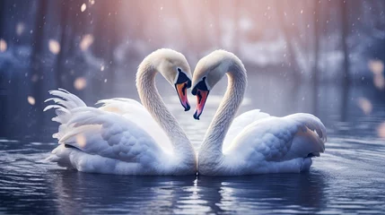 Gordijnen Two beautiful swans on a lake shape heart with their long necks and kiss each other. © morepiixel