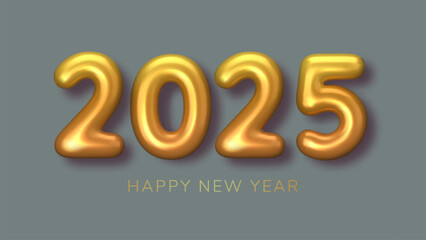 2025 New Year gold numbers for greeting card on grey background. 3d Happy New Year background. Vector illustration