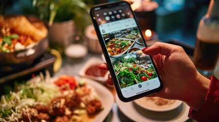 Woman taking photo of salad with smartphone at restaurant. Food blogger concept - obrazy, fototapety, plakaty