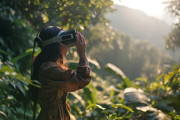A girl wearing VR and looking at the nature, green world