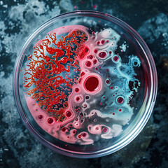 Macro photo of colorful wild growing bacteria colonies and molds in a round petri dish forming all kinds of beautiful colorful patterns and shapes.