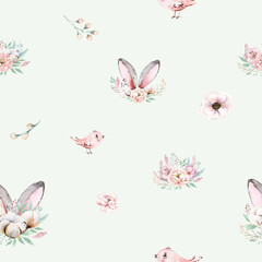 Naklejka na ściany i meble Cute easter bunnies background grass, blossom flowers on a white background. Watercolor seamless pattern