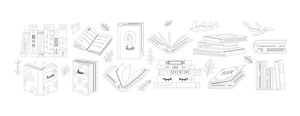 Outline Vector Icon Set Featuring Diverse Book Symbols. Clean And Minimal Design Representing Various Book Genres