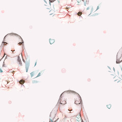Cute easter bunnies background grass, blossom flowers on a white background. Watercolor seamless pattern