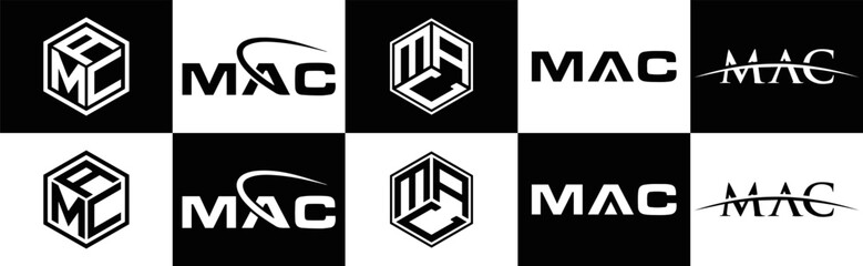  MAC logo. M A C design. White MAC letter. MAC, M A C letter logo design. M A C letter logo design in FIVE, FOUR, THREE, style. letter logo set in one artboard. M A C letter logo vector design.	
