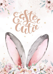 Watercolor illustration of easter bunny ears with flower. Easter, rabbit, hare, child's drawing for postcard, invitation, funny Easter card - 701751091