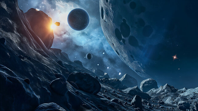 cosmic landscape with asteroid surface and planets and stars, space background illustration