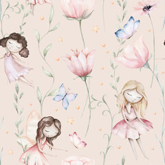 Fairy and Flowers watercolor seamless girls nursery pattern. Cartoon pink magic girl baby background. Faitytale textile art - 701751458