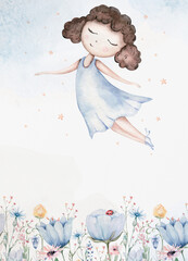Fairy and Flowers watercolor isolated kids illustration for girls. Cartoon pink magic girl baby shower poster. Happy Birthday kid card - 701751474