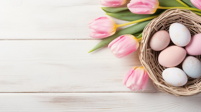Easter holiday celebration banner greeting card banner with pastel painted eggs in bird nest basket and pink tulip flowers on white wooden background tabel texture 