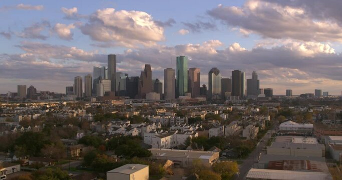Drone Pullback from Downtown Houston Skyscrapers, Texas