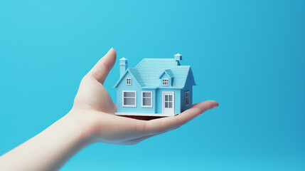 Fototapeta na wymiar Hand Holding 3D Home Icon: Toy House Floating - Real Estate Concept for Creative Property, Architecture, and Investment Designs
