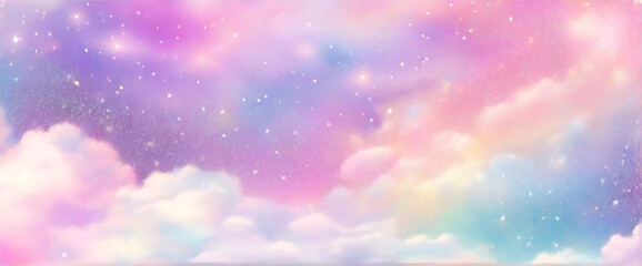 Holographic fantasy rainbow unicorn background with clouds and stars. Pastel color sky. Magical landscape, abstract fabulous pattern. Cute candy wallpaper. Vector. 