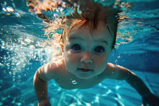 a baby swimming underwater of a swimming pool