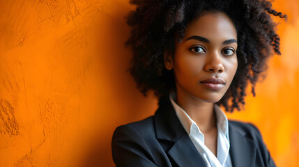 A woman in a business suit is standing on an orange background with space for text, as part of a banner for Black History Month and Women?s History Month, - obrazy, fototapety, plakaty