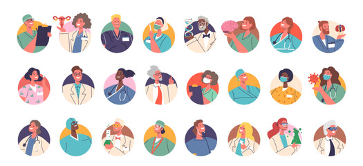 Diverse Set Of Medics And Doctors Cartoon Vector Character Avatars Featuring A Range Of Healthcare Professionals