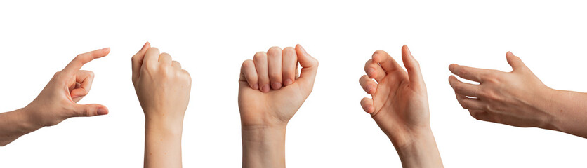 Different hand gesture, sign, symbol set. Holding, grabbing, show quantity, fist isolated on white