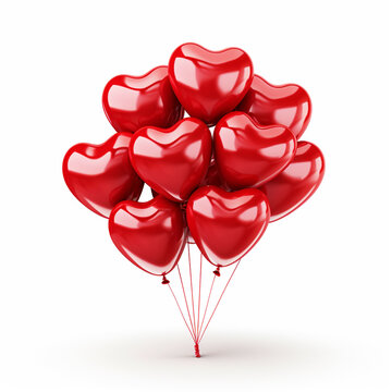 Bunch of red heart shaped balloons on isolated white background - ai generative