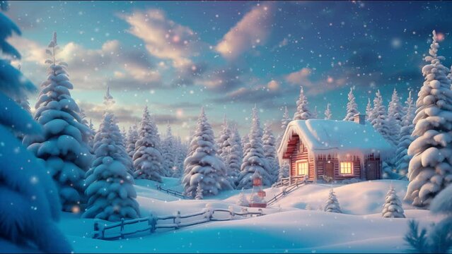 Christmas scene of beautiful winter landscape with wooden hut and snow covered trees. Small wooden log cabin on a snow meadow on sunrise time. 