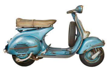 Side view of a vintage blue Italian scooter from the fifties
