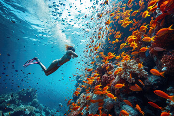 a girl diving with colorful fishes in coral reef