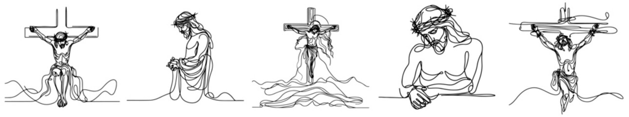 Continuous line drawing of Jesus Christ , linear style and Hand drawn Vector illustrations