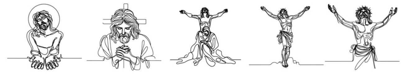 continuous line of Jesus christ.one line drawing of the Lord jesus being overtaken. line art of the event of the crucifixion of jesus christ