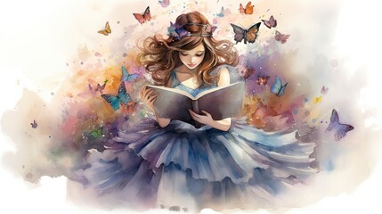 Dancing Colors of Imagination - A Young Woman Lost in the Whimsical World of Books and Butterflies.
