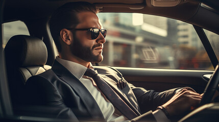 Successful businessman in a expensive suit sitting in his luxury car - obrazy, fototapety, plakaty
