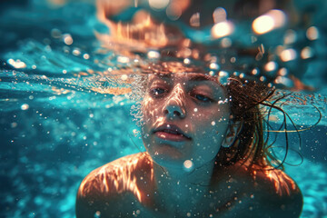 a girl swimming underwater of a swimming pool - obrazy, fototapety, plakaty