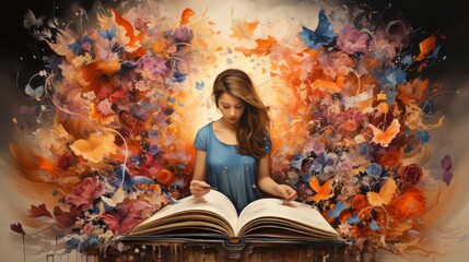Obraz na płótnie Canvas Dancing Colors of Imagination - A Young Woman Lost in the Whimsical World of Books and Butterflies.