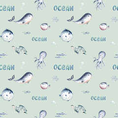 Watercolor seamless pattern with underwater world Bright fish, whale, shark dolphin starfish animals. Jellyfish seashells. Sea and ocean fish life background - 701754609