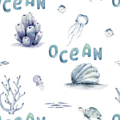Watercolor seamless pattern with underwater world Bright fish, whale, shark dolphin starfish animals. Jellyfish seashells. Sea and ocean fish life background