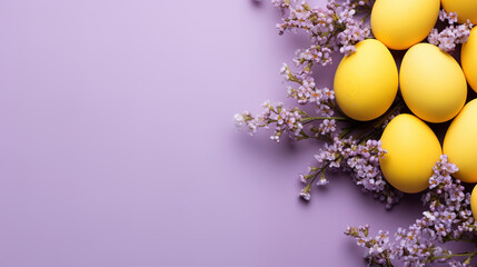 Colorful easter eggs and flowers on purple background. Happy Easter concept.