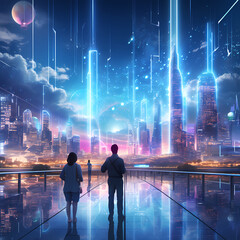 Futuristic city skyline with holographic billboards.