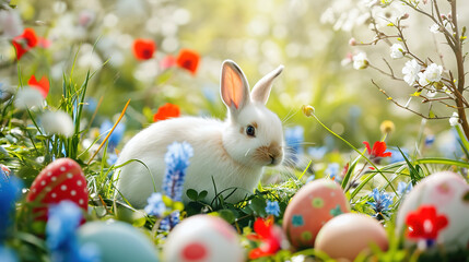 Fototapeta na wymiar Cute Easter bunny with eggs in grass and flowers on blurred background