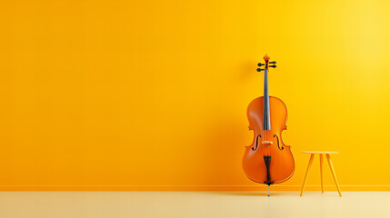 violin, orange and yellow photograph of a cello and chair, in the style of abstract minimalism