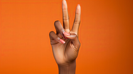 Hand with manicure isolated on orange background, V sign, Close up of african american woman hand, Female black hand showing two fingers, copy space - obrazy, fototapety, plakaty