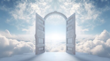 Open door to the blue cloudy sky symbolism of Heaven Door. Door into another world or new life - obrazy, fototapety, plakaty
