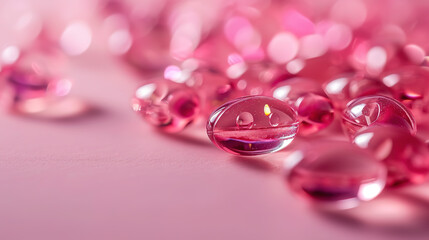 Close up of a pile of pink pills, vitamins on a white background.	
