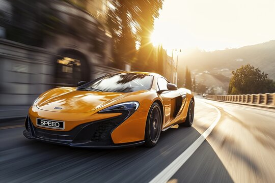 In the fast lane of the future, a supercar zooms down the street with futuristic flair.