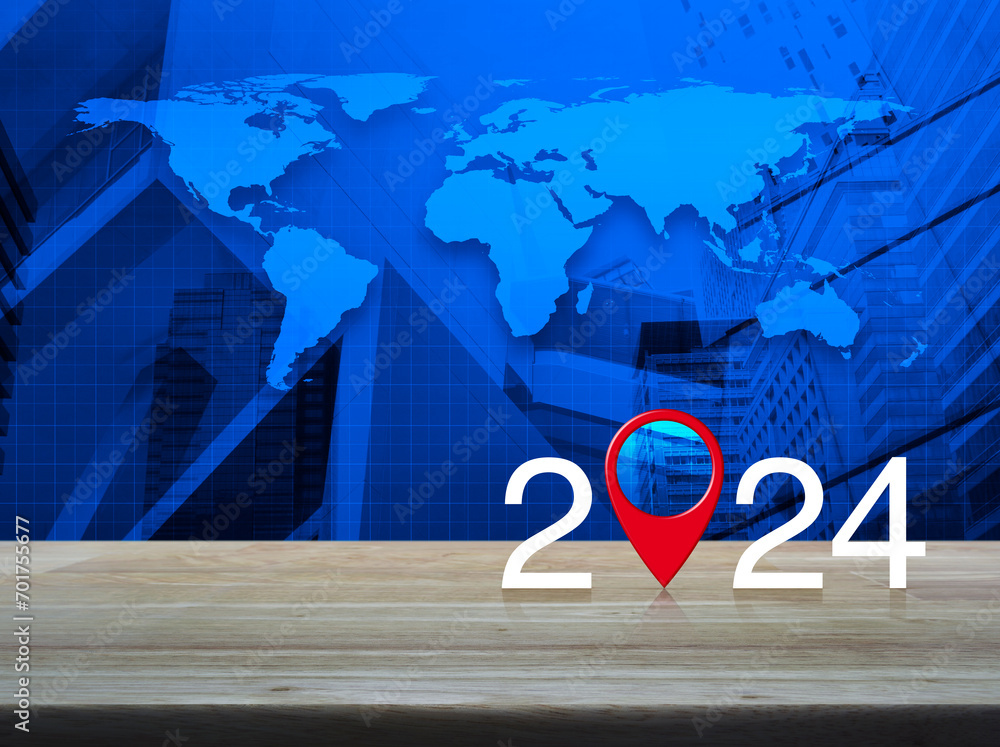 Poster 2024 letter with map pin location icon on wooden table over world map, city tower and skyscraper, ha