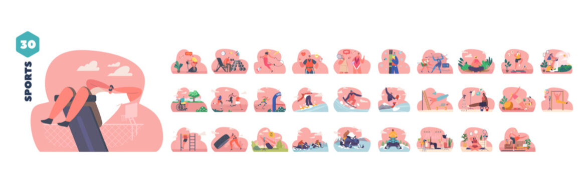 Isolated Elements with People Doing Sports exercises. Male and Female Characters Snowboarding, Running, Icons Set