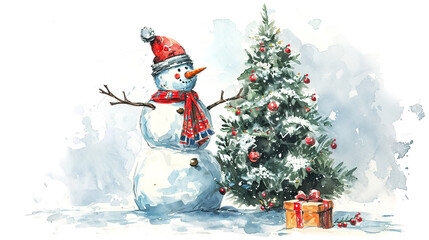 Obraz premium Snowman with a Christmas tree, watercolor