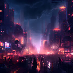 Dystopian city engulfed in smog and neon lights.