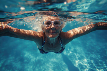 a senior woman swimming underwater of a swimming pool - Powered by Adobe