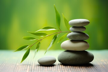 perfectly balanced stacked stones set against a light green background